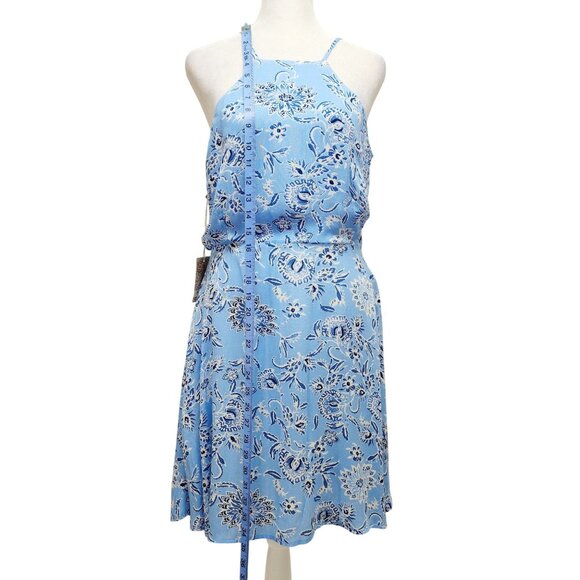 Blue Floral Halter Neck Sleeveless Midi Dress With Lace-Up Back Size M - Picture 8 of 10